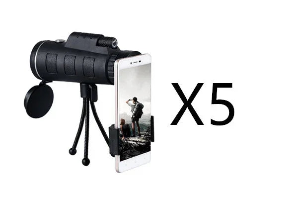 Black handheld monocular telescope with tripod and smartphone adapter, showing 5x zoom.