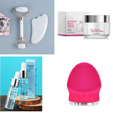 Assorted skincare products including jade roller, gua sha tool, vitamin C facial cream, hyaluronic acid serum, and pink silicone facial cleansing brush