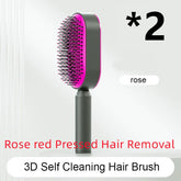Rose red self-cleaning hair brush with black handle and plastic bristles, modern design