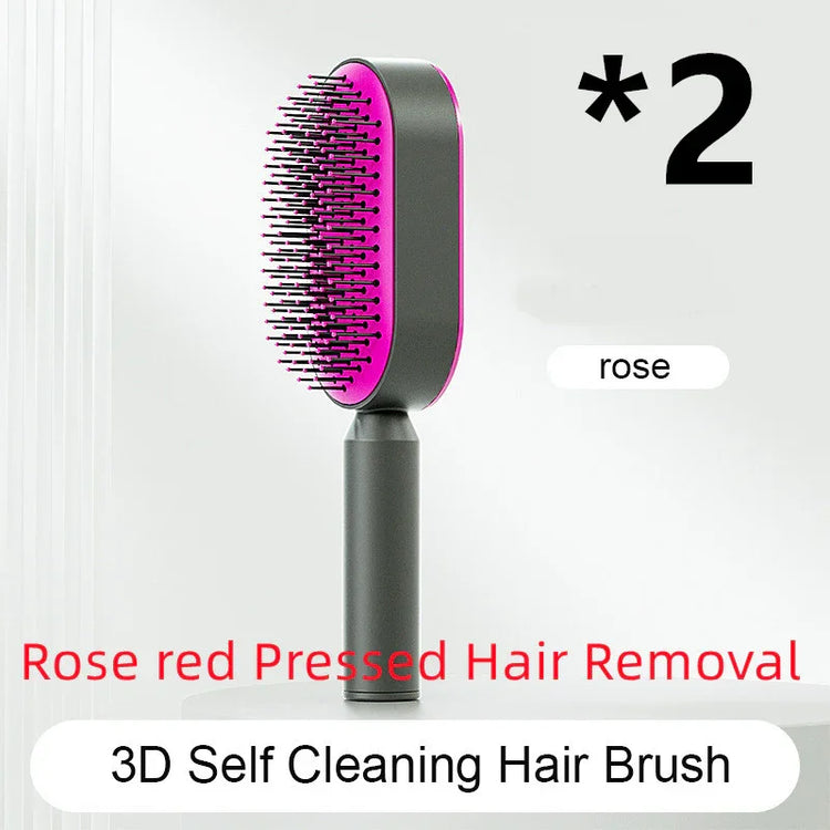 Rose red self-cleaning hair brush with black handle and plastic bristles, modern design