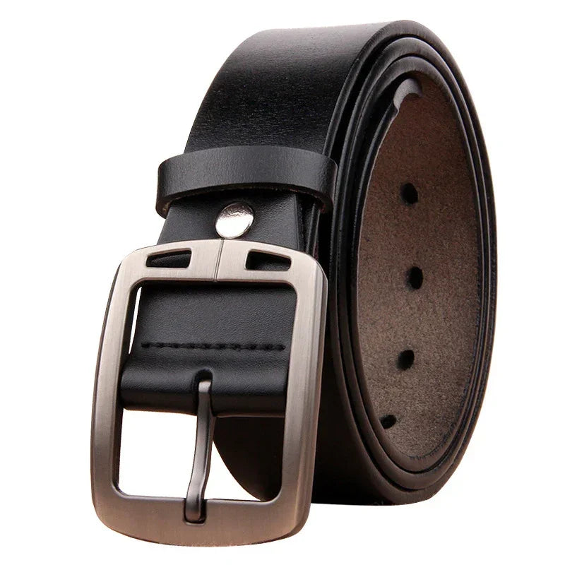 Black leather belt with silver buckle, classic style, adjustable fit, smooth finish