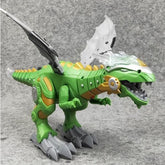 Green and gold robotic dinosaur toy with sharp claws, mechanical details, and silver wings