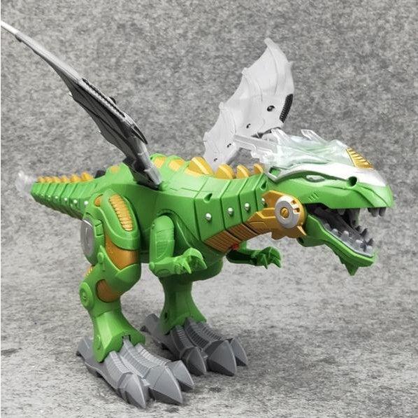 Green and gold robotic dinosaur toy with sharp claws, mechanical details, and silver wings