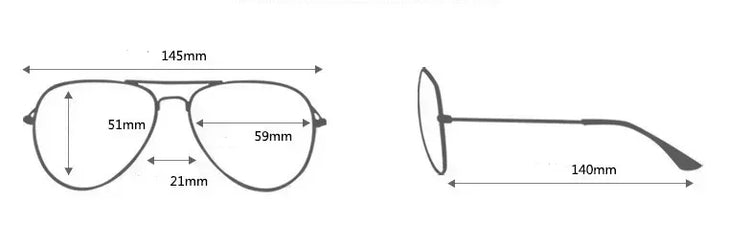 Aviator-style eyeglasses sizing chart showing black metal frame with detailed measurements.
