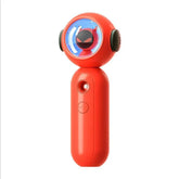 Red handheld device with cartoon character face in a clear round head, modern plastic design