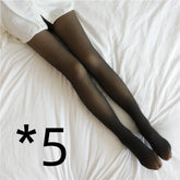 Black sheer tights with a slim fit, worn with a white shirt, styled on a bed