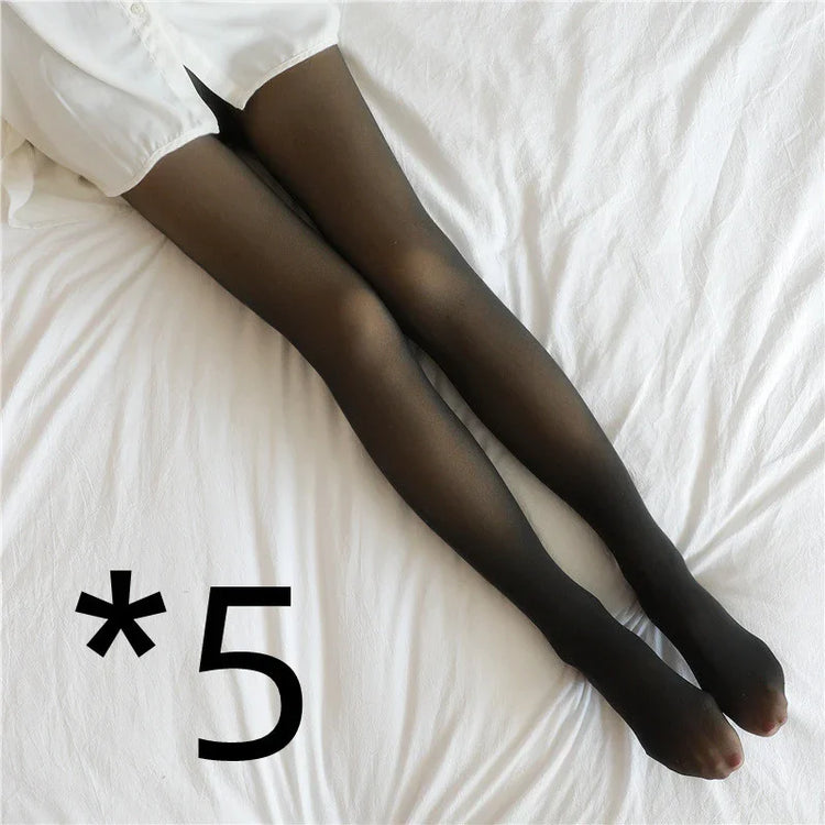 Black sheer tights with a slim fit, worn with a white shirt, styled on a bed