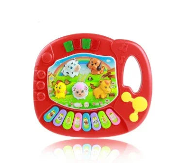 Red plastic toy piano with animal illustrations, colorful buttons, and built-in handle