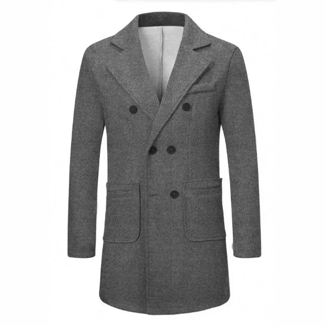 Gray wool double-breasted overcoat with notched lapel and front patch pockets, tailored fit