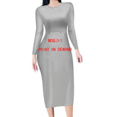 Slim fit long sleeve gray midi dress, crew neck, smooth fabric, bodycon silhouette