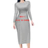 Slim fit long sleeve gray midi dress, crew neck, smooth fabric, bodycon silhouette
