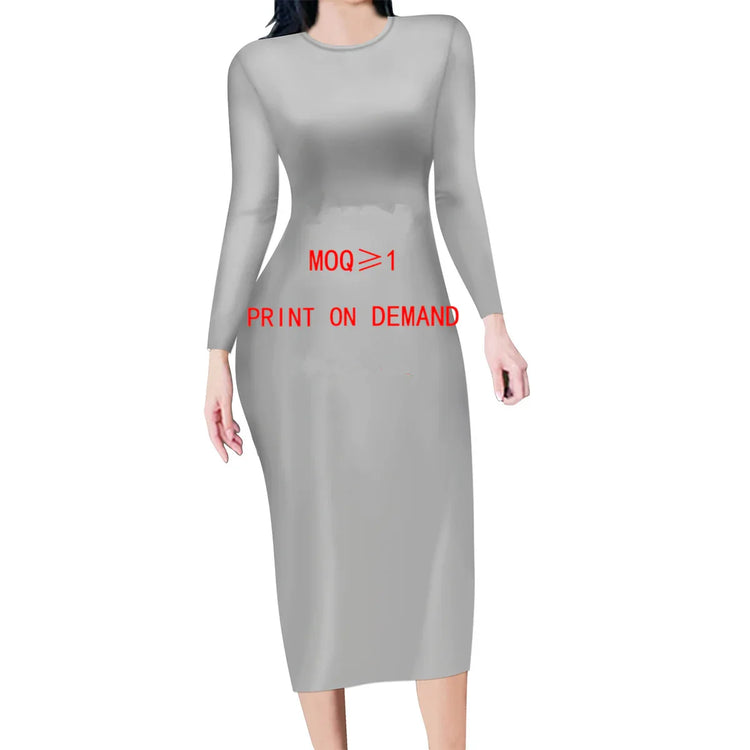 Slim fit long sleeve gray midi dress, crew neck, smooth fabric, bodycon silhouette