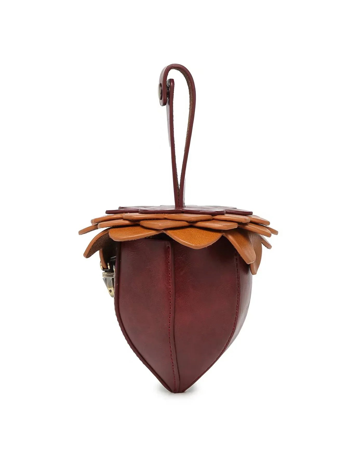 Brown and burgundy leather handbag with leaf detail and structured, unique shape
