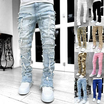 Men's ripped skinny jeans in multiple colors with heavy distressed details and slim fit streetwear style.