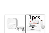 White portable label printer with thermal paper, compact tech accessory, minimalist design
