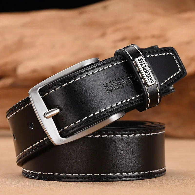 Black leather belt with silver buckle and white stitching, classic style, adjustable fit
