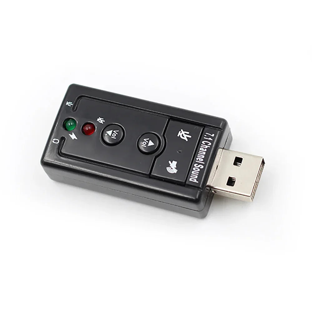 Black USB sound card adapter with volume control and mic mute buttons, compact plastic design
