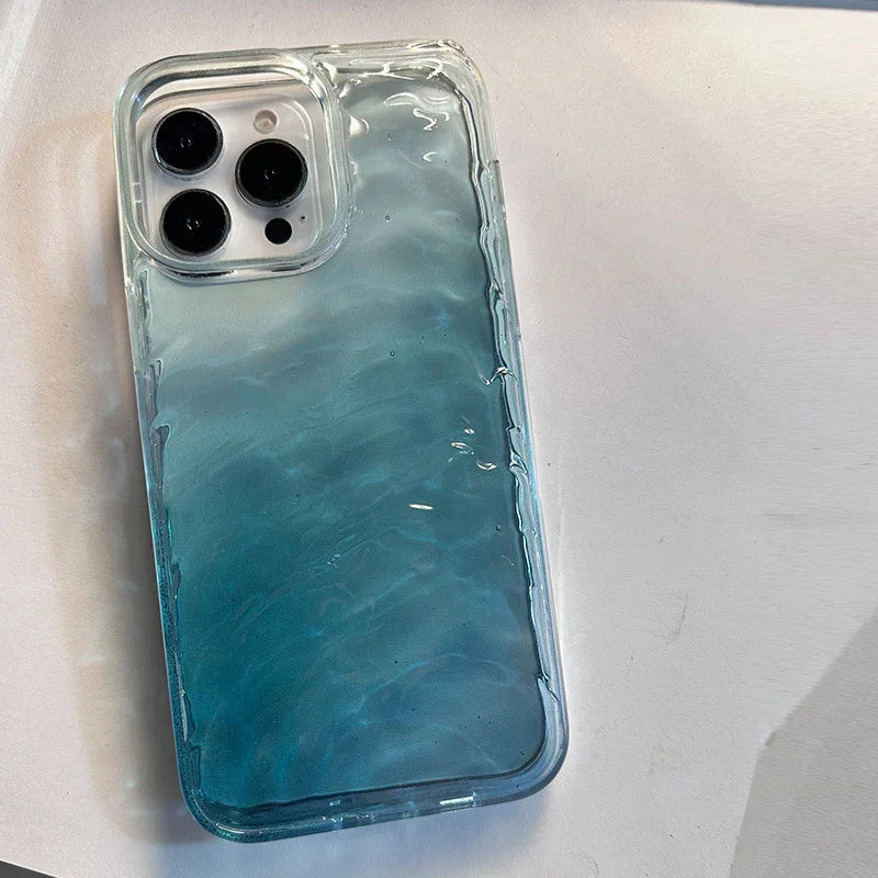 Glossy aqua blue gradient phone case with wave texture, clear edges, slim fit design