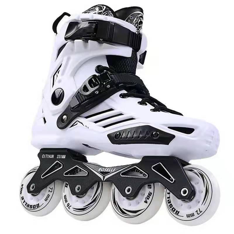 White hard shell inline skate with black adjustable straps and three large wheels