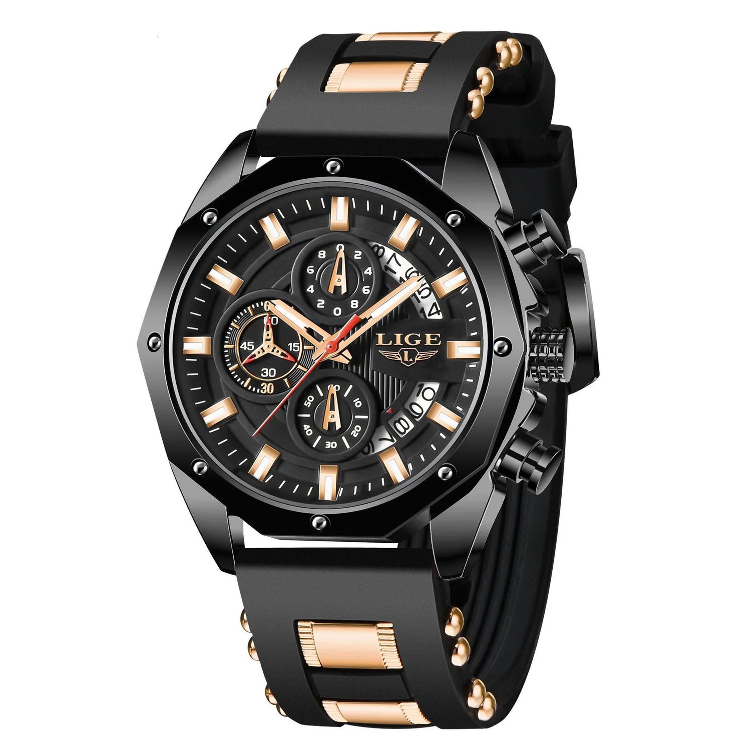 Black and gold chronograph watch with silicone strap, bold face, and metallic accents