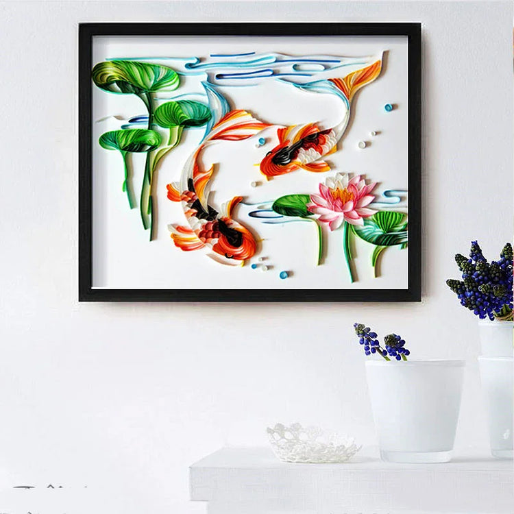 Framed artwork with colorful koi fish, lotus flowers, and lily pads, modern wall decor