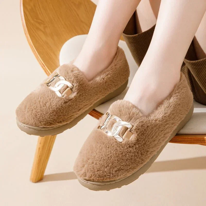 Cozy brown faux fur slip-on loafers with gold chain detail, flat sole, relaxed fit