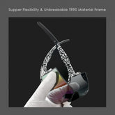 Futuristic sunglasses with flexible TR90 black and white patterned frame and mirrored lenses