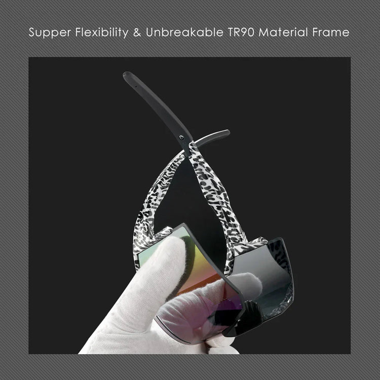 Futuristic sunglasses with flexible TR90 black and white patterned frame and mirrored lenses