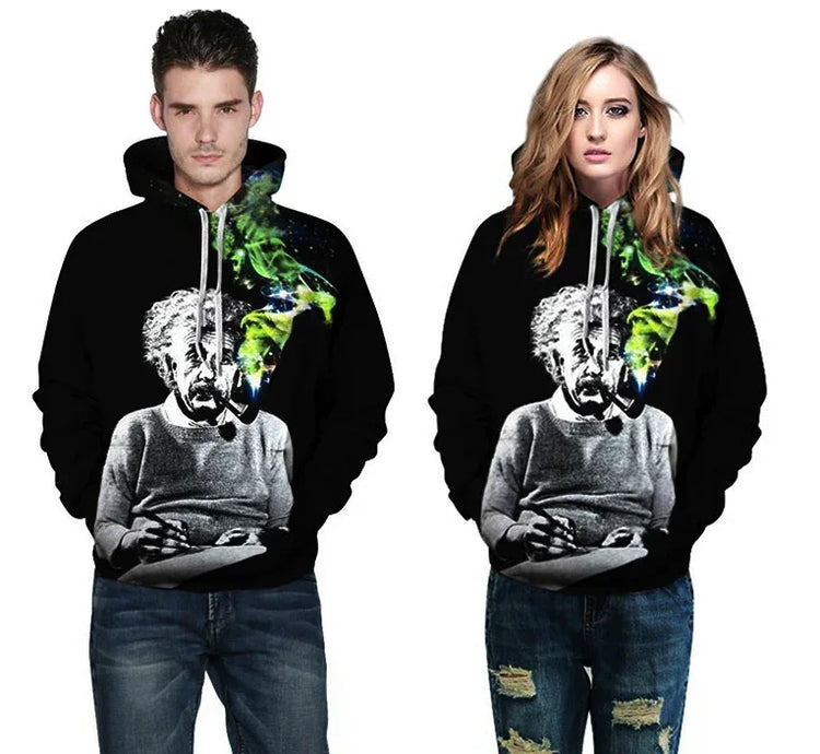 Black graphic hoodie with colorful smoke print and relaxed fit, styled with ripped jeans