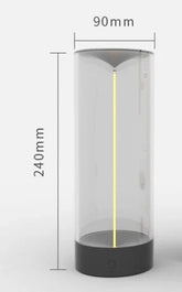 Modern cylindrical LED lamp with transparent body, black base, 240mm height, 90mm diameter.