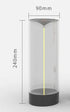 Modern cylindrical LED lamp with transparent body, black base, 240mm height, 90mm diameter.