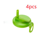 Green plastic water bottle lid with flip-up straw and handle, pack of 4