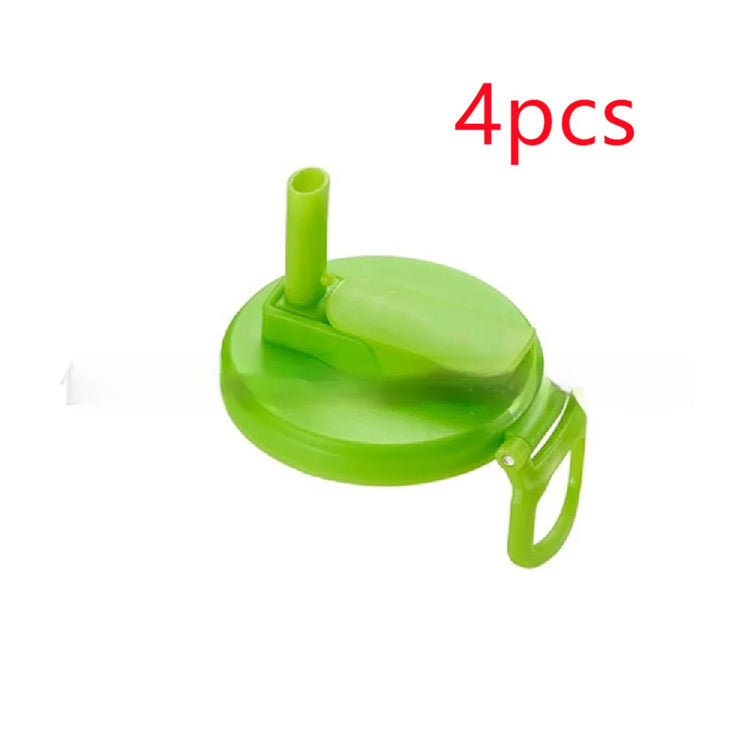 Green plastic water bottle lid with flip-up straw and handle, pack of 4