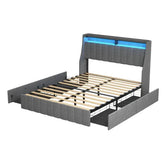 Modern grey upholstered bed frame with vertical padded panels and built-in LED headboard light