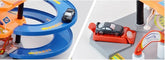 Toy parking garage playset with blue spiral ramps and miniature black car