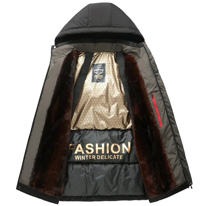 Black hooded winter jacket with faux fur lining and metallic gold inner panel, open view
