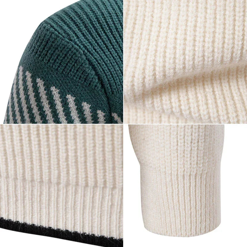 Close-up of ribbed knit sweater in cream and green, soft wool texture, relaxed fit