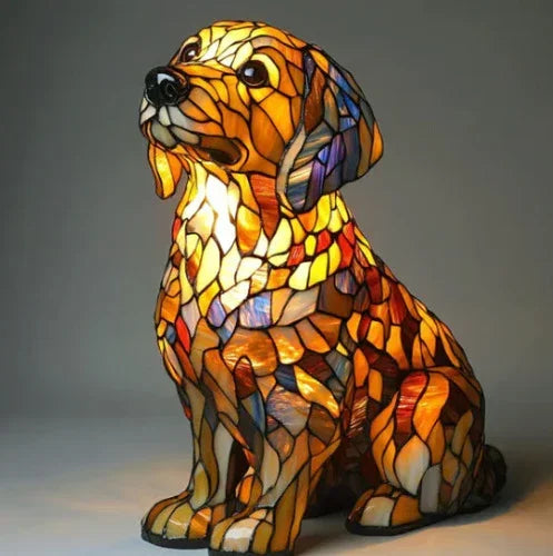 Stained glass dog lamp featuring vibrant yellow, orange, and blue mosaic pieces.