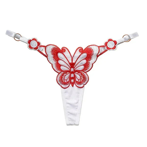 White and red butterfly embroidered mesh thong with adjustable straps, floral lace detail