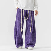 Wide-leg purple tie-dye pants with rope drawstring, loose fit streetwear style