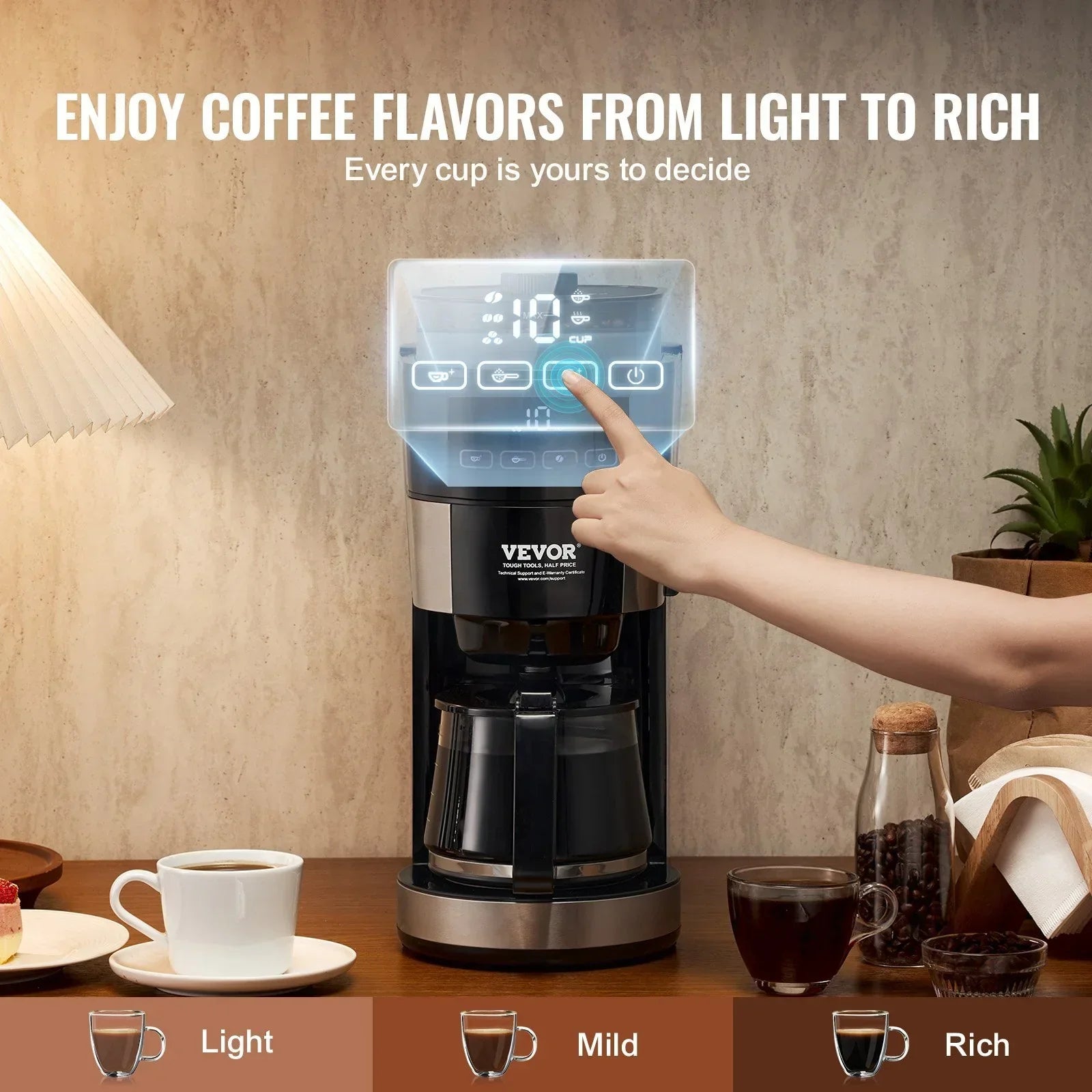 Hand pressing digital coffee maker controls, modern kitchen setting, coffee strength options visible