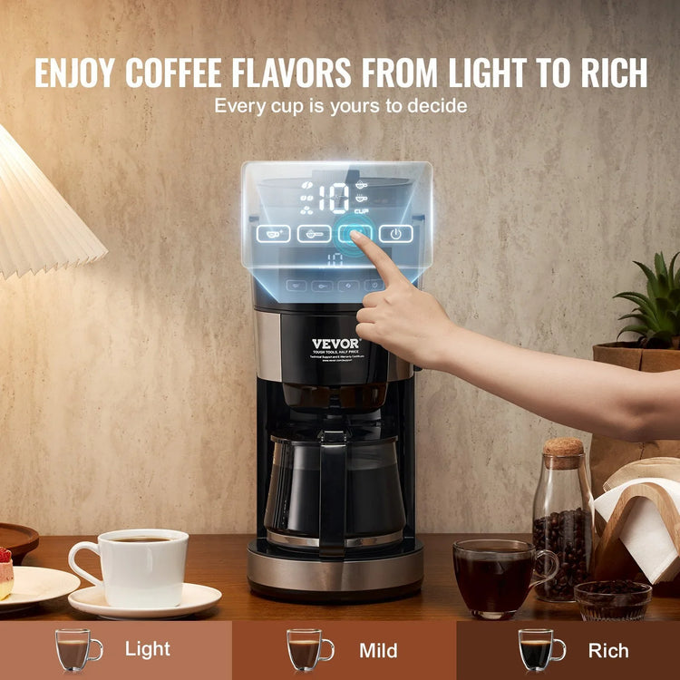 Hand pressing digital coffee maker controls, modern kitchen setting, coffee strength options visible