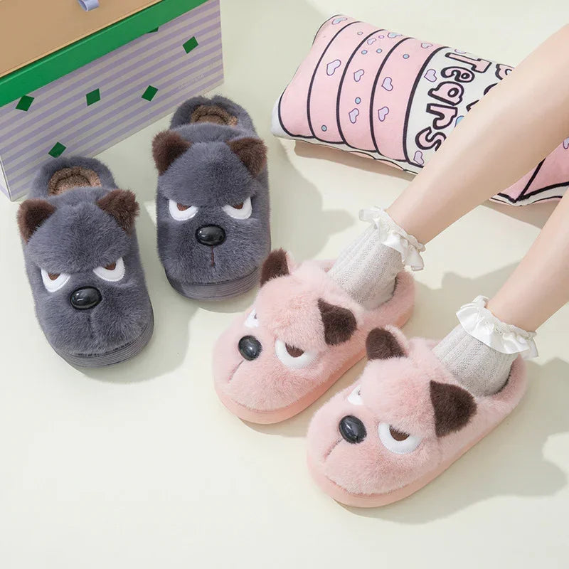 Cute plush animal face slippers in pink and gray, soft fur material, cozy indoor fit