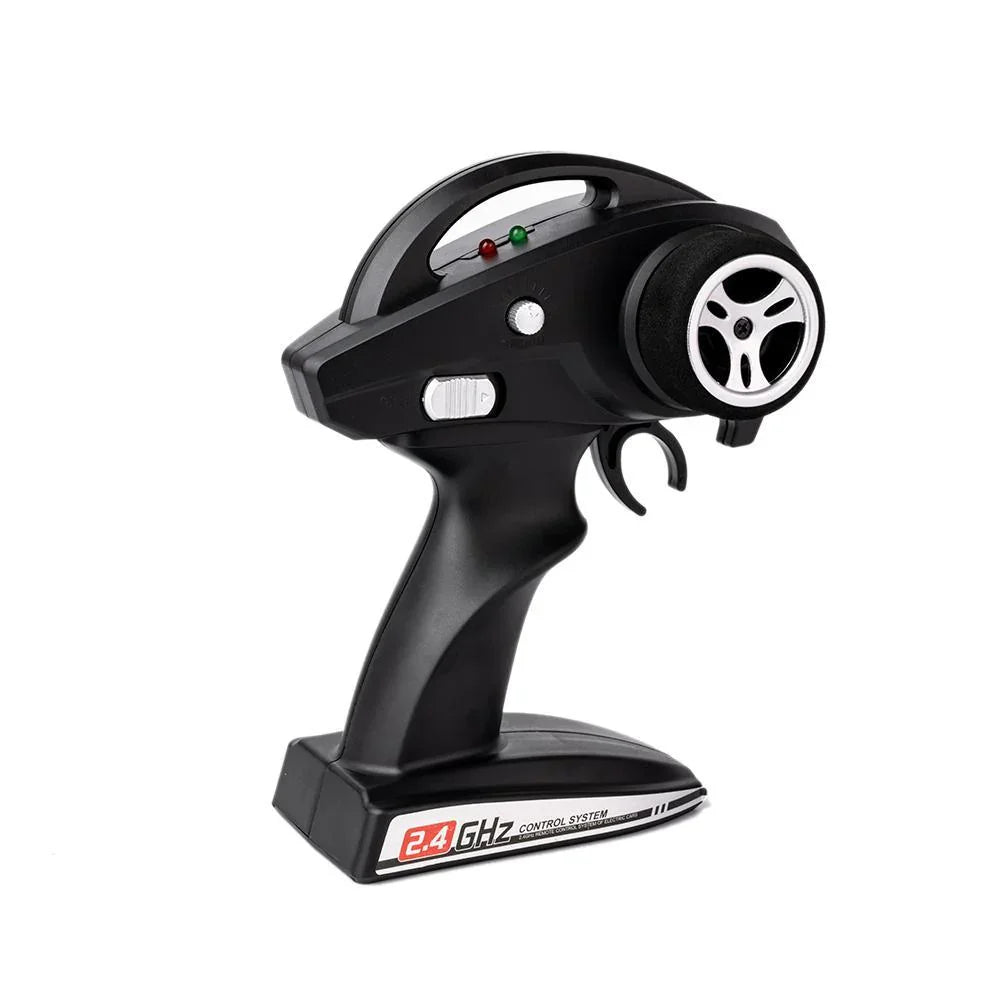 Black 2.4GHz wireless RC car remote control with ergonomic grip and silver wheel