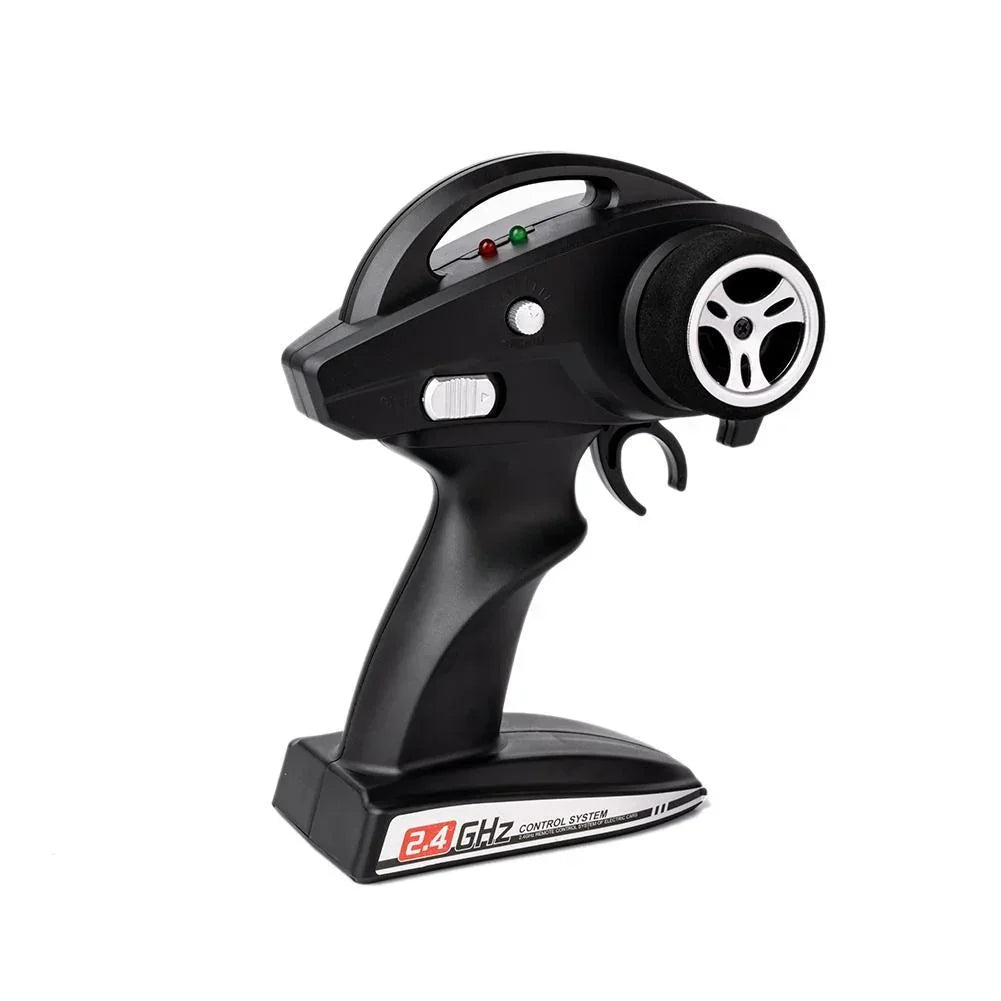 Black 2.4GHz wireless RC car remote control with ergonomic grip and silver wheel