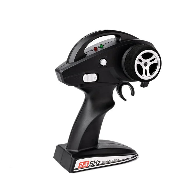 Black 2.4GHz wireless RC car remote control with ergonomic grip and silver wheel