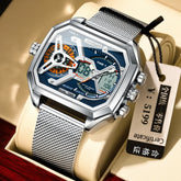Futuristic dual time wristwatch with silver mesh band, square face, blue dial, and analog-digital display