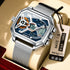 Futuristic dual time wristwatch with silver mesh band, square face, blue dial, and analog-digital display