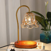Vintage-inspired glass tulip table lamp with gold metal stem and wooden base, modern decor