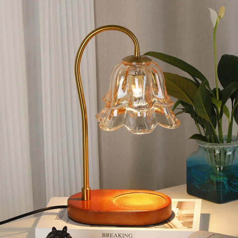 Vintage-inspired glass tulip table lamp with gold metal stem and wooden base, modern decor
